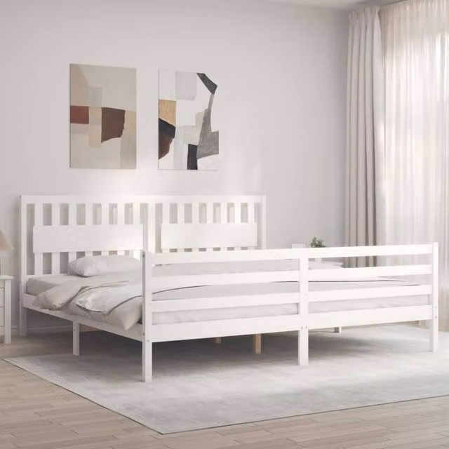Berkfield Home Beautiful Solid Wood Bed Frame with Headboard in White, W/D/H: 200 x 200 x 205.5 cm