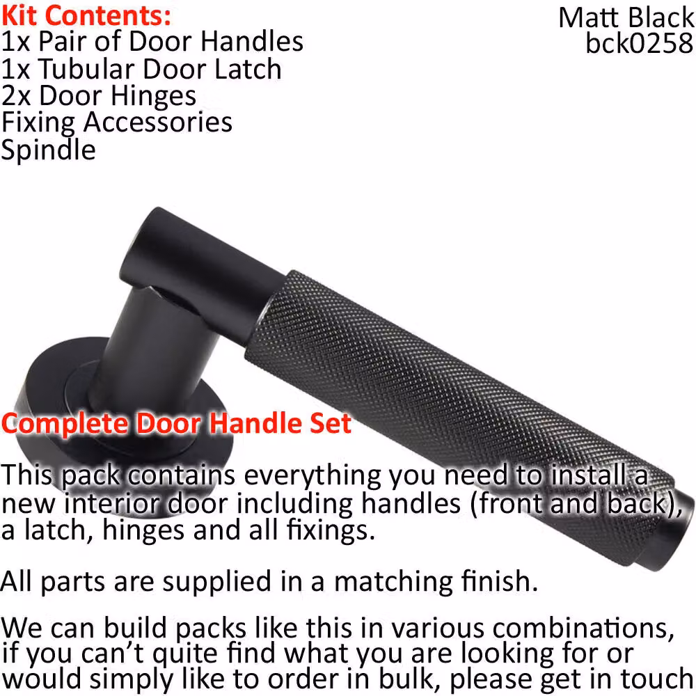 Loops Matt Black Knurled Round Lever Door Handle and Latch Pack with Screwless Round Rose – 2