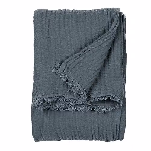 Riva Home Yard Lark Cotton Muslin Throw with Fringes in Blue, W: 240 cm, D: 260 cm – 1
