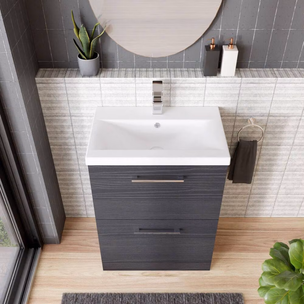 Balterley Contemporary Floor Standing Bathroom Vanity Unit with 2 Soft-Close Drawers and Mid-Edge Basin, Charcoal Black Matt, W: 60 cm, H: 84 cm, D: 39 cm – 3