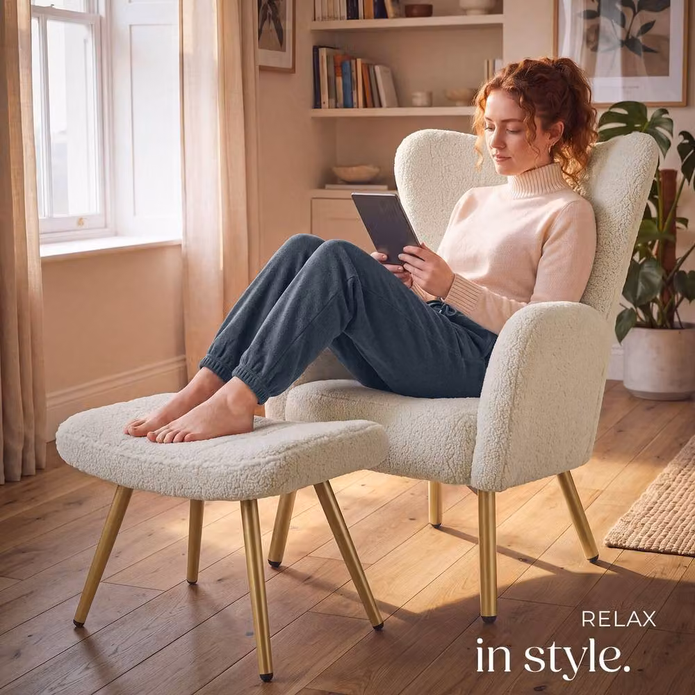 tectake Vänersborg Armchair with Ottoman in Cream Bouclé and Gold – 4