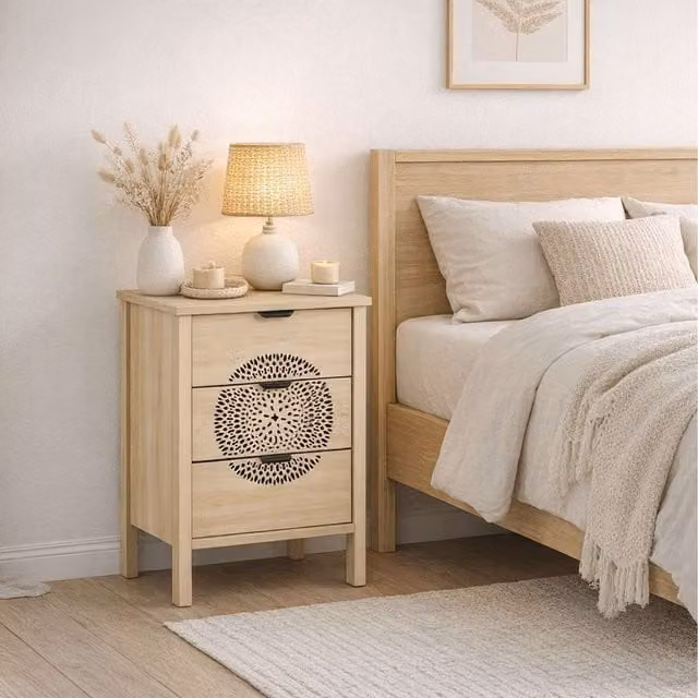 Birlea Floral 3 Drawer Bedside Cabinet in Oak Finish