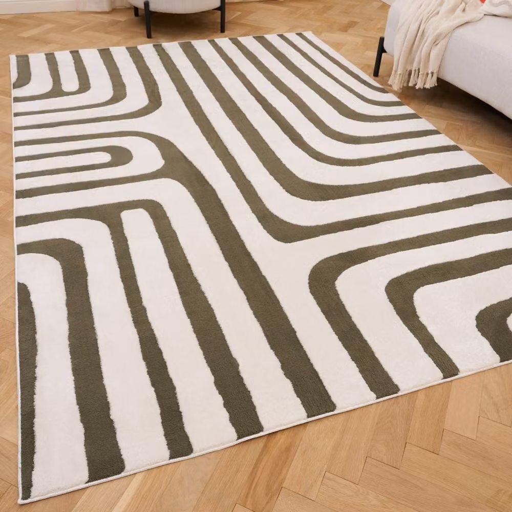 THE RUGS Loft Curved Line Living Room Area Rug, Olive Green, W: 290 cm, D: 200 cm – 2