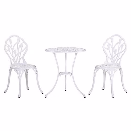 Outsunny 3 Piece Retro Aluminium Garden Bistro Set with Umbrella Hole in White