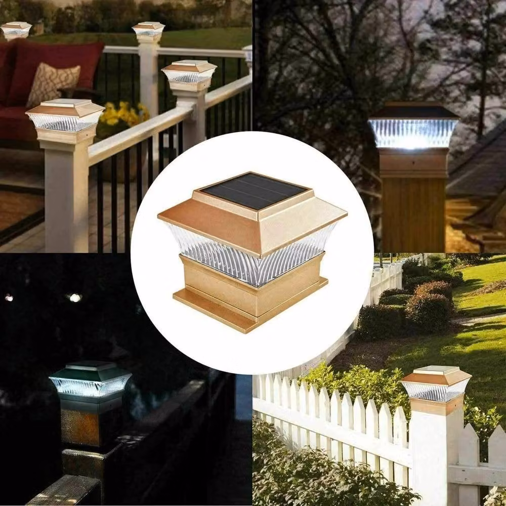 NESTLUNE Solar LED Square Deck Post Cap Lights in Gold for Outdoor Garden Fences – 2