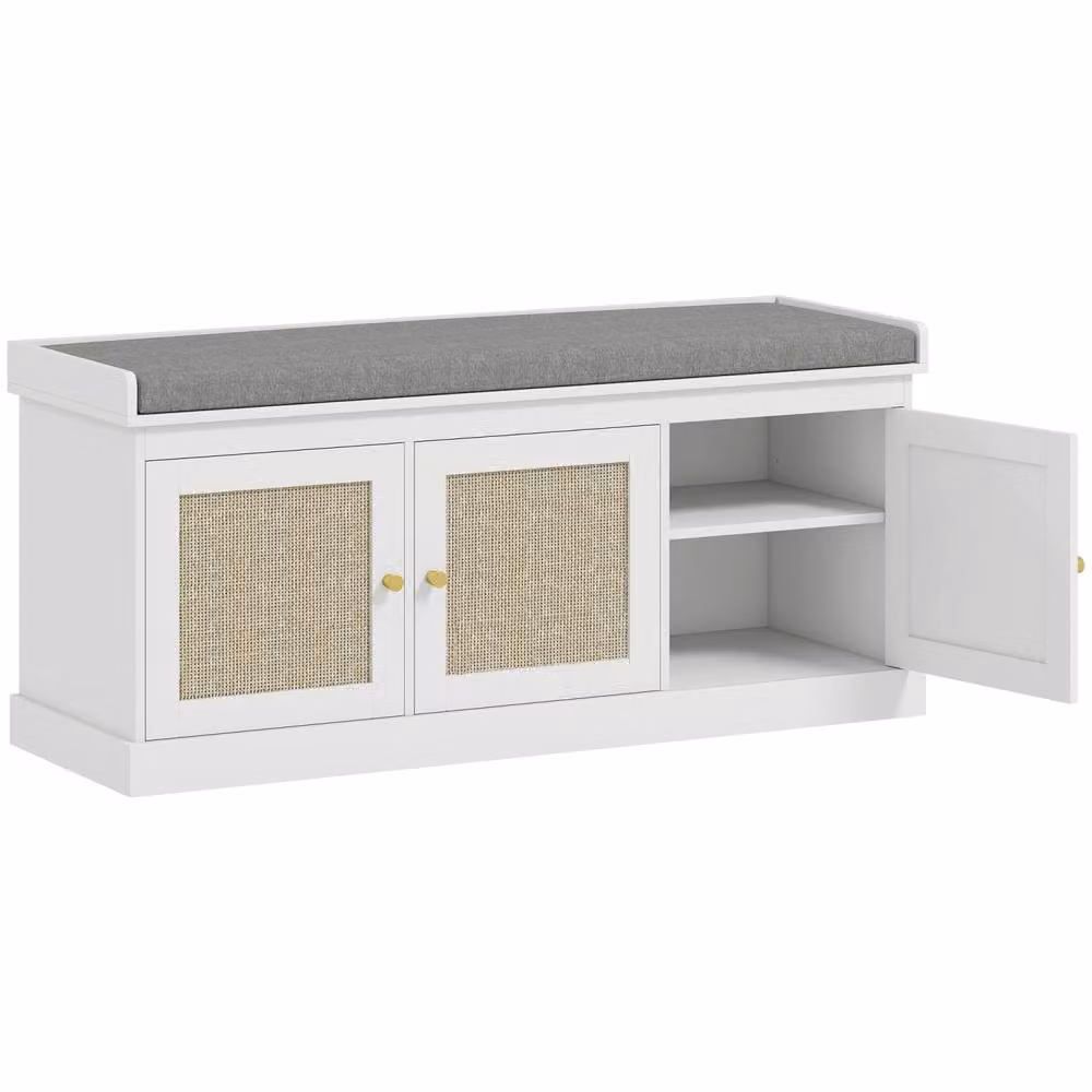 Wyld Haus White Wooden Shoe Bench with 3 Woven Rattan Doors and Grey Padded Seat – 2