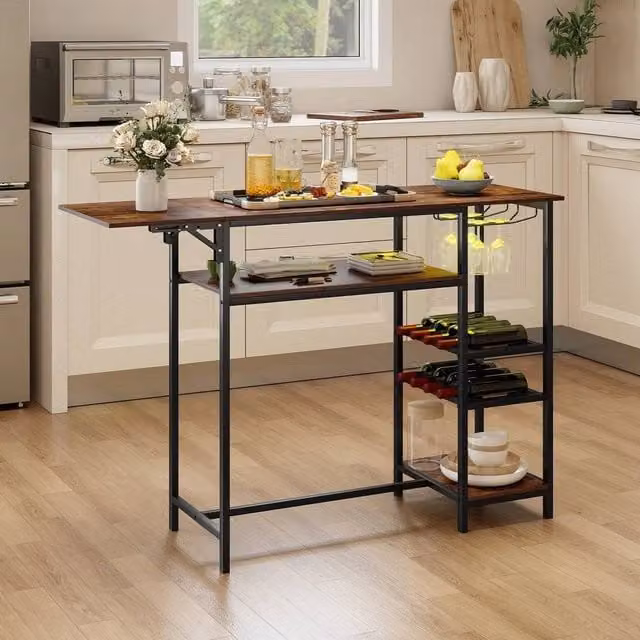 NESTLUNE Brown Counter Height Bar Table with Foldable Drop Leaf Top and Bottle Holders, W: 100 cm, D: 15 cm, H: 95 cm