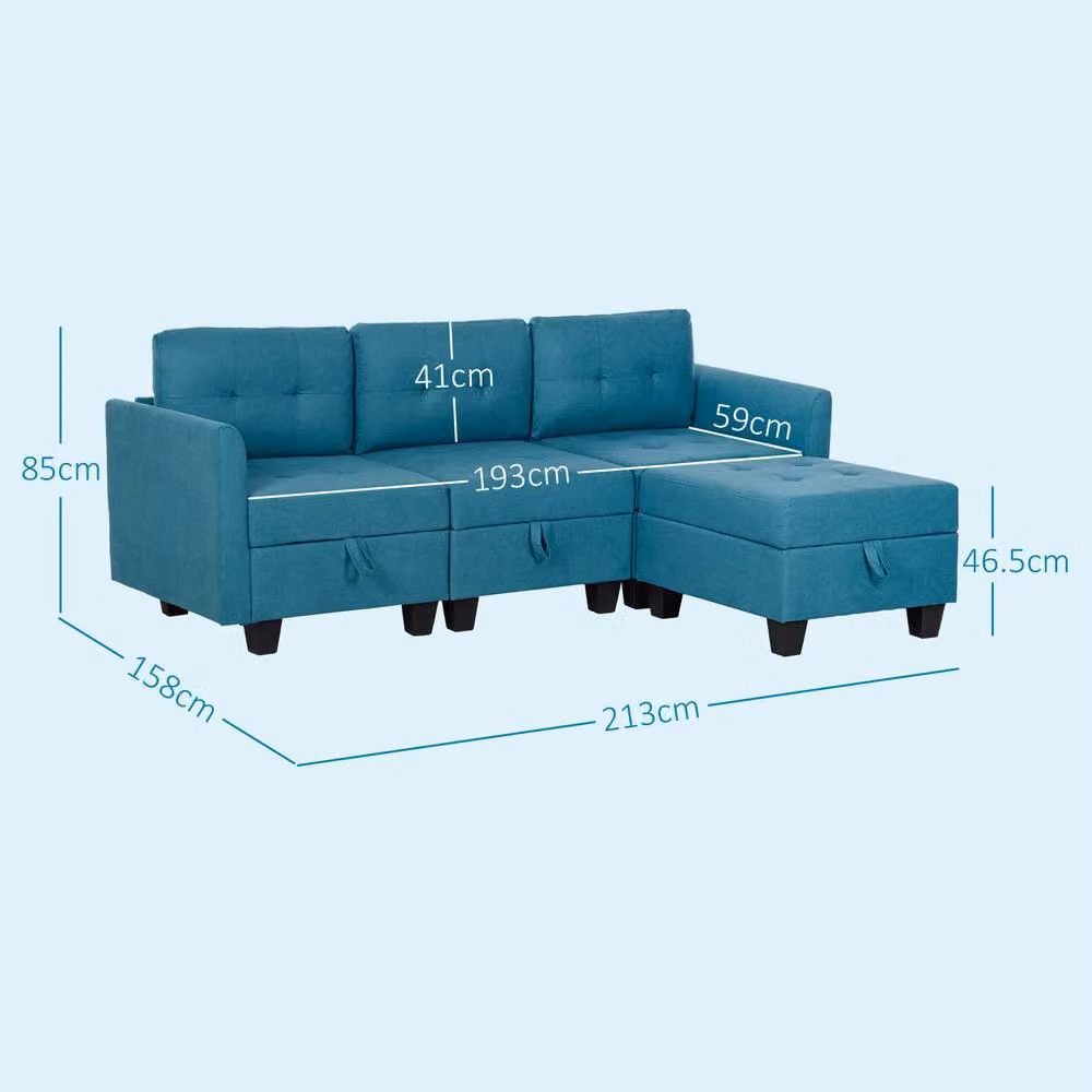ERGOVEXA L-Shape Modular Sofa in Blue with Storage and Reversible Fabric Upholstery, W/D/H: 213.0 x 158.0 x 85.0 cm – 2