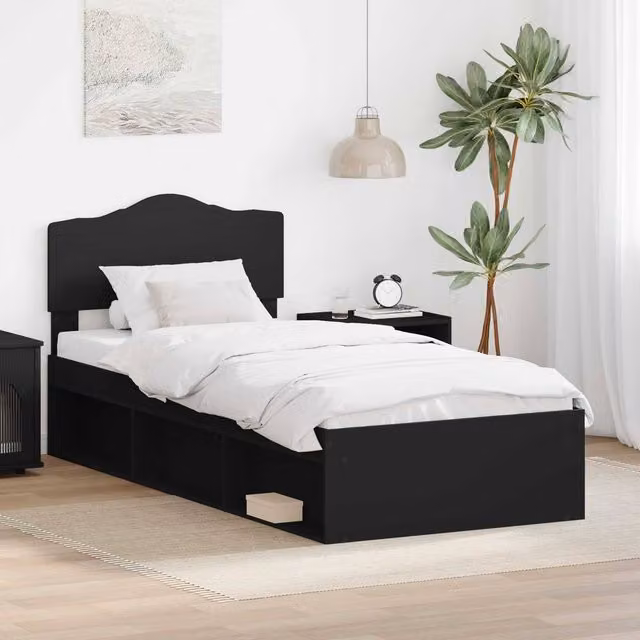 Berkfield Home Bed Frame with Headboard in Black Solid Pine Wood, W/D/H: 90 x 200 cm – 1