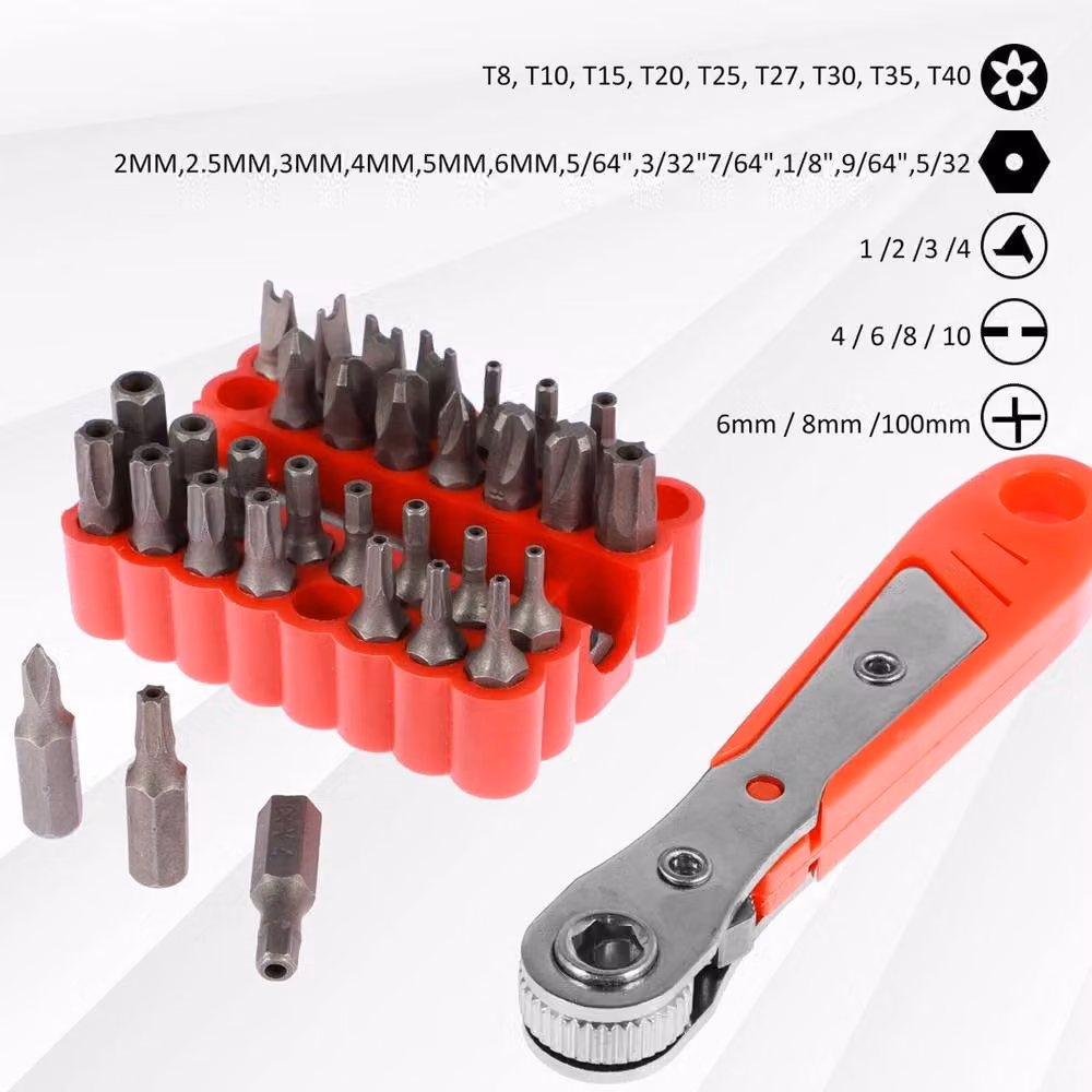 VOGREX 34-Piece Screwdriver Bit Set with Tamperproof Hex Key Spanner and Torx Tri-Wing in Silver – 3