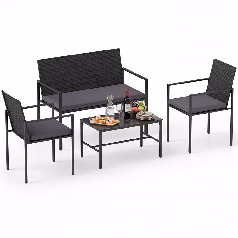 Costway 4-Piece Grey Polyrattan Patio Furniture Set with 2-Seater Sofa, Armchairs, Coffee Table and Upholstered Cushions – 3