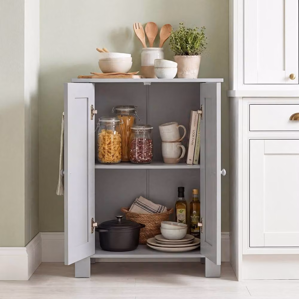 Costway Modern Grey Wooden Bathroom Floor Cabinet with Double Hinged Doors and Internal Shelves – 2