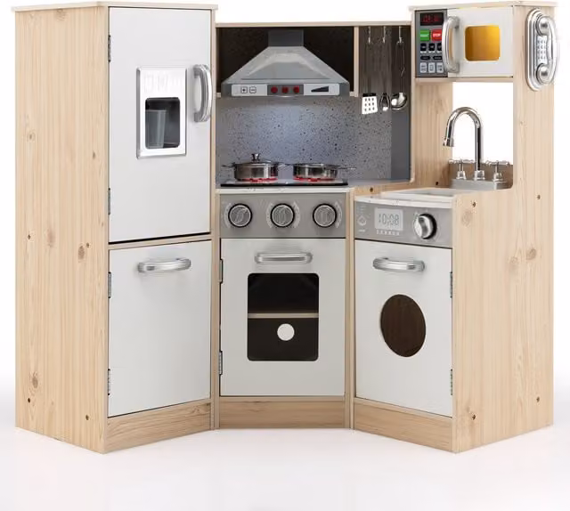 COSTWAY White Wooden Dollhouse Kitchen Playset