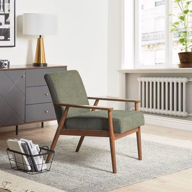 Wyld and Coco Everluxe Green Armchair with Mid-Century Retro Design and Dark Rubberwood Frame – 1