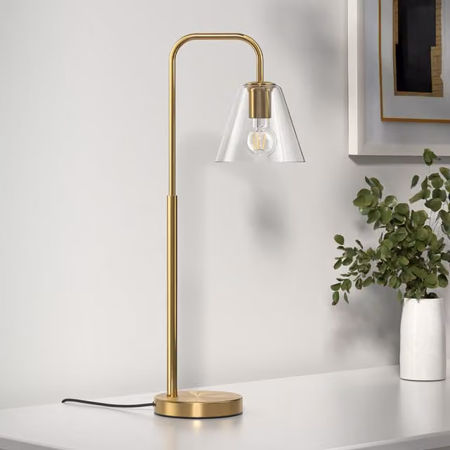 Livingandhome Modern Gold Arc Table Lamp with Glass Shade and Foot Switch
