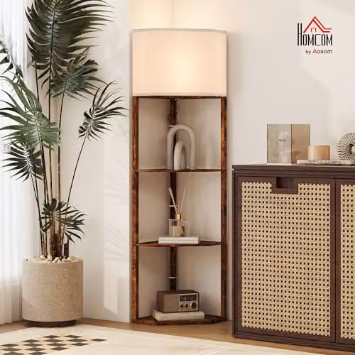 HOMCOM Modern Corner Floor Lamp with Shelves and Pull Chain Switch, Rustic Brown – 2