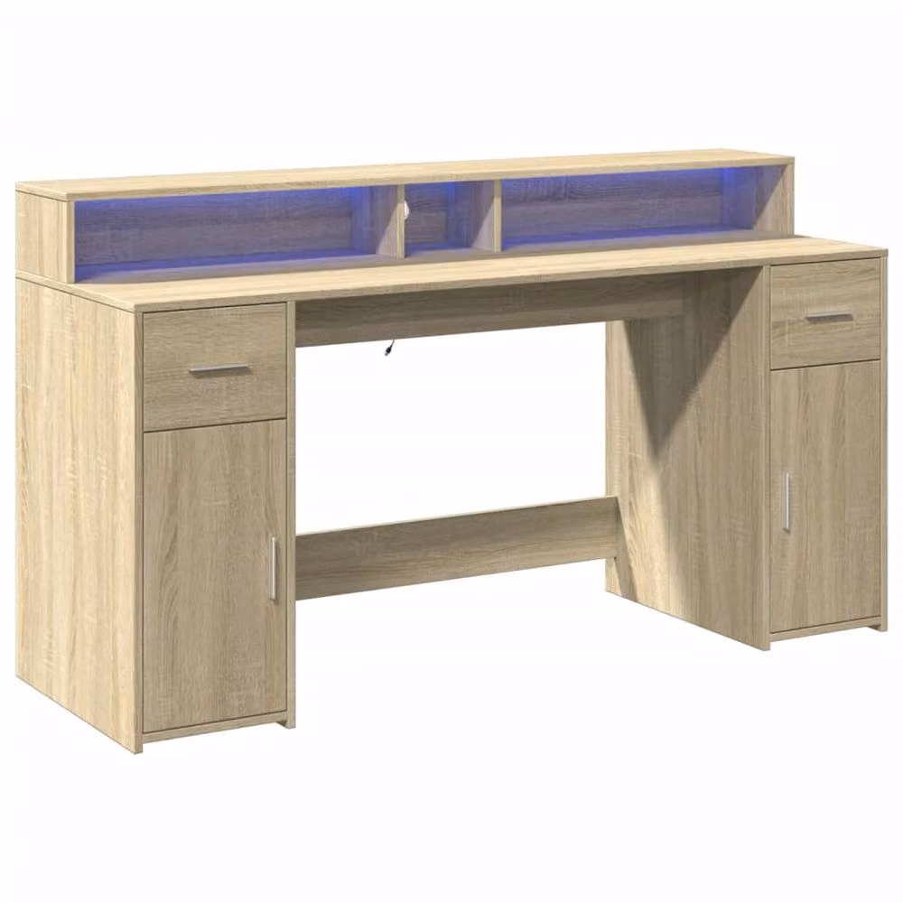 Berkfield Gaming Desk with LED Lights in Sonoma Oak Brown, W/D/H: 160 x 55 x 91 cm – 2
