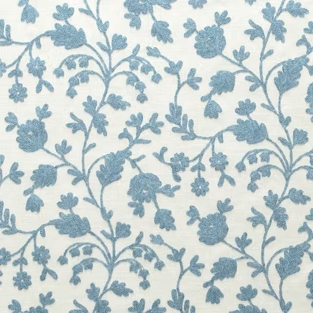 Fibre Naturelle Lucca Embroidered Floral Cotton and Linen Fabric in Sky Blue
