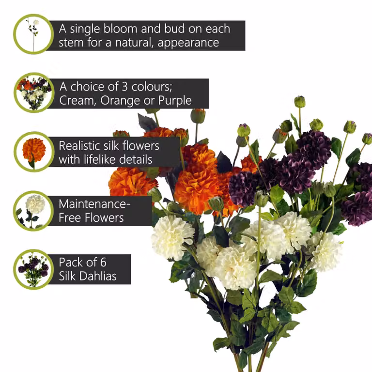 Pegdev Pack of 6 Orange Dahlia PomPom Silk Flower Stems, Height: 75 cm