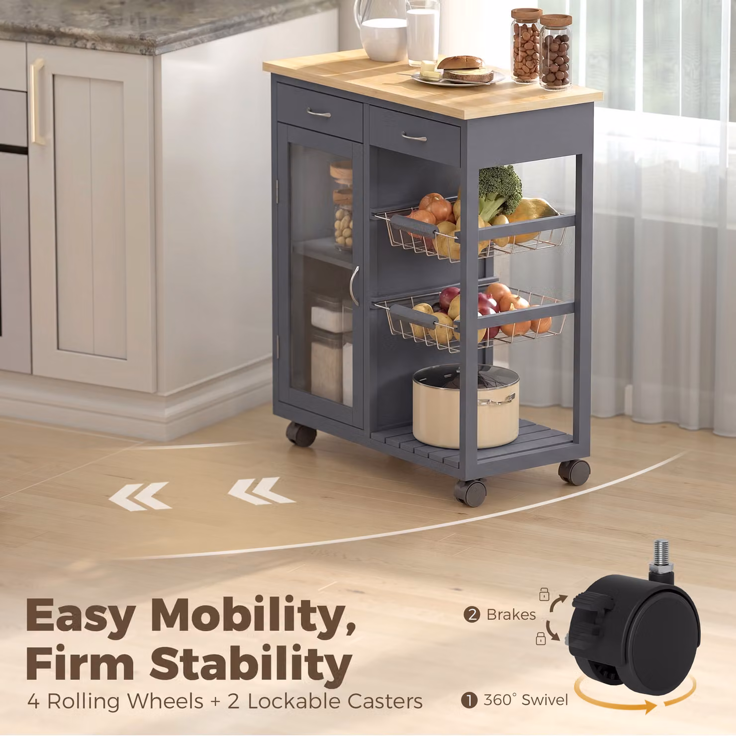 HOMCOM Grey Bamboo Kitchen Island Rolling Trolley with Glass Door, Metal Wire Baskets and Adjustable Shelf – 6