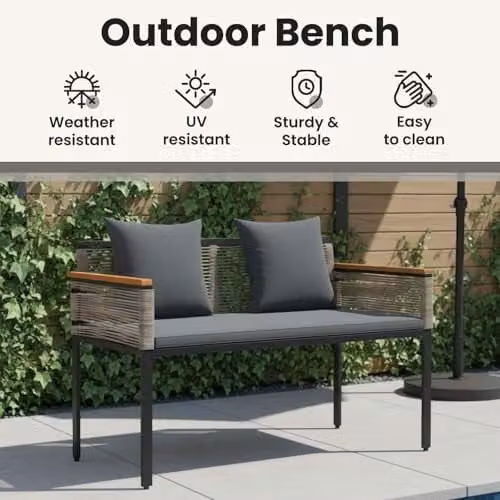 vidaXL 2-Seater Outdoor Poly Rattan Bench with Armrests in Grey, W: 117 cm, D: 54 cm, H: 74.5 cm – 3