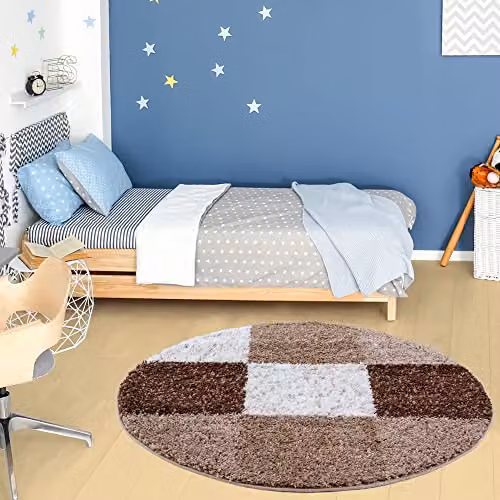 THE RUGS Modern Brown Checked Round Shaggy Area Rug, Diameter: 120 cm – 1