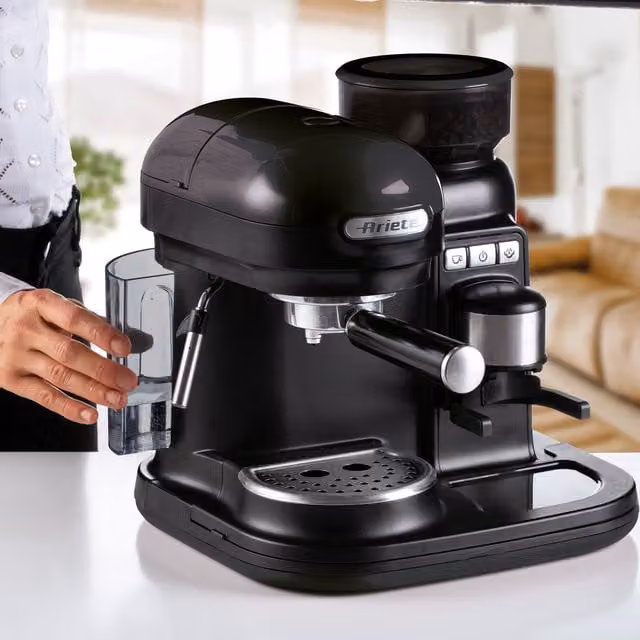 Arietes Countertop Espresso Coffee Maker with Steam Wand and Coffee Bean Grinder, Black