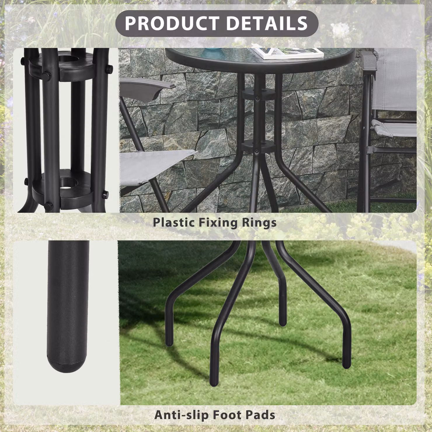Outsunny Round Metal Garden Table with Matt Black Tempered Glass Top, Diameter: 60 cm, Height: 70 cm – 4