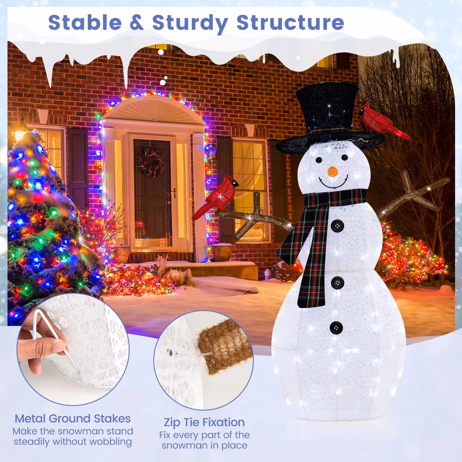 Gymax Pre-Lit Snowman and Redbirds Christmas Decor with 70 LED Lights, White and Multicolour, Height: 127 cm – 6