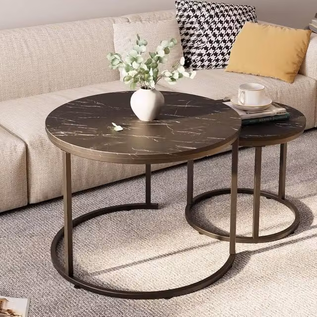 Huhote Set of 2 Round Nesting Coffee and Side Tables with Black Marble Finish and Metal Sled Base – 1