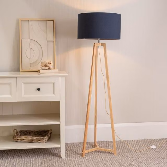ValueLights Lottie Natural Wood Tripod Floor Lamp with Navy Blue Fabric Drum Shade and LED Bulb, H 148 cm x W 45 cm x D 45 cm