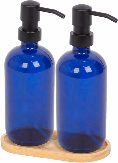 Harbour Housewares 2 Piece Blue Glass Soap Dispenser Set with Bamboo Tray and Black Pumps, 500ml Refillable Bottles – 5