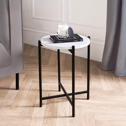 OHS Round Side Table with White Marble Top and Metal Frame, W/D/H: 45 x 35 x 35 cm