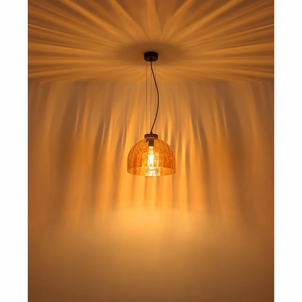 Globo Lighting Vintage Dome Pendant Light in Matt Black and Brown with Amber Glass, Diameter: 30 cm, Height: 120 cm – 3