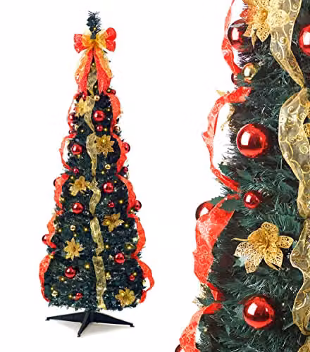 Best Artificial Pre-lit and Pre-Decorated Pop-up Christmas Tree in Red and Gold, H: 180 cm, W: 60 cm, D: 30 cm