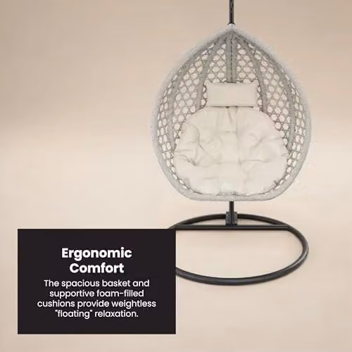 Solace+Co Lola Rattan Egg Swing Chair with Stand and Foam Cushions, Grey – 3