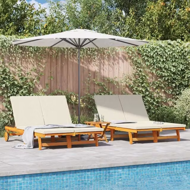 Berkfield Home Double Sun Lounger with Wheels and Weatherproof Cushion in Brown Solid Acacia Wood