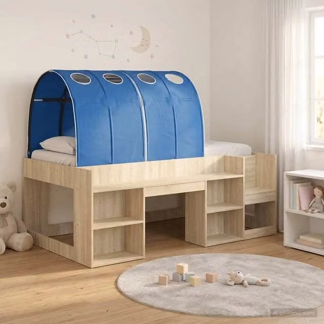 Berkfield Home 3-Piece Bed Frame with Tunnel in Sonoma Oak and Blue Fabric, Brown Engineered Wood – 1