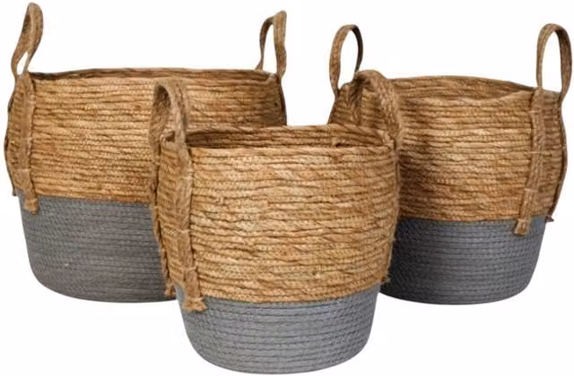 Four Candle Set of 3 Grey Dipped Straw and Seagrass Open Weave Stackable Storage Baskets – 1