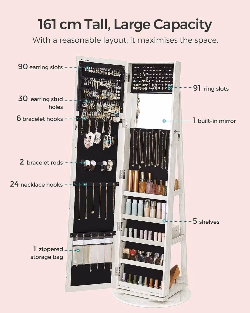 SONGMICS Freestanding Jewellery Cabinet with Mirror, Internal Shelves and Lock in White – 2