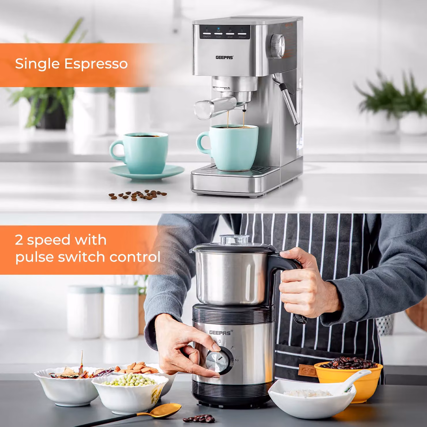 Geepas 1450W Espresso and Cappuccino Coffee Machine with 450W Coffee Grinder Combo Set in Metallic Silver – 3