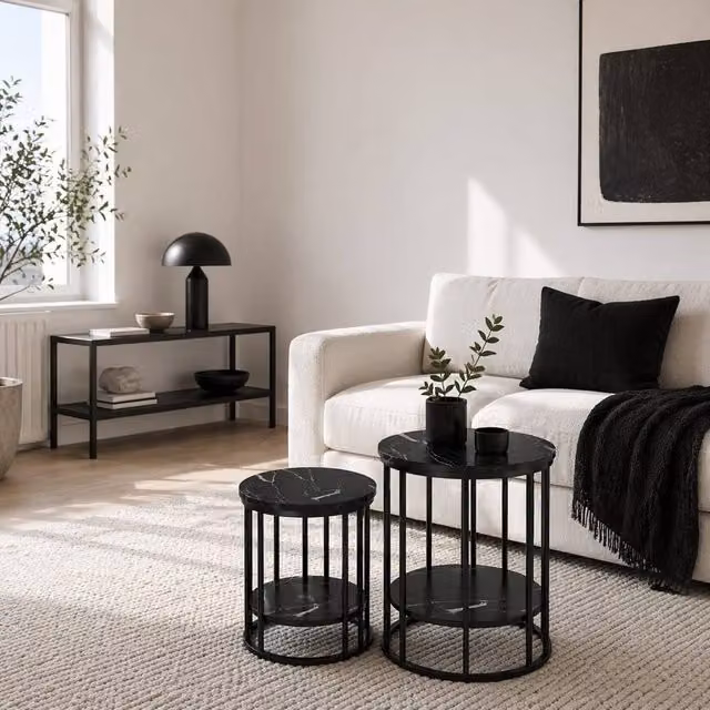 Wyld Haus Dilisu Set of 2 Black Marble Effect Round Coffee Tables with Glossy Metal Sled Base