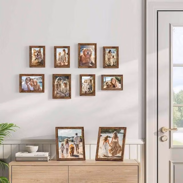 The Bazaarist Set of 10 Rectangular Rustic Wood Photo Frames with Mats, Brown – 1