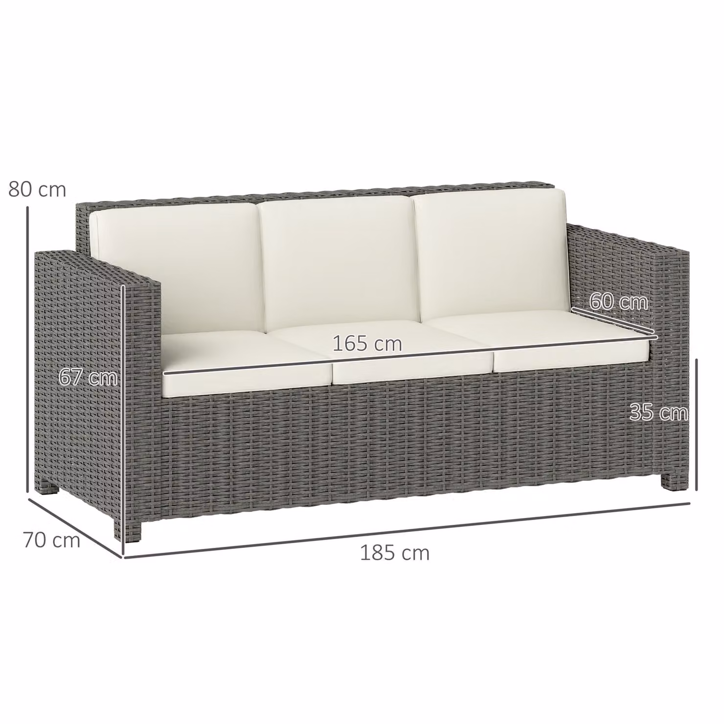 Outsunny 3 Seater Rattan Sofa with Cream Fire Resistant Cushions and Powder Coated Steel Frame – 3