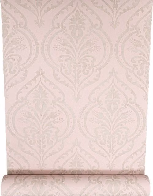 Arthouse Moroccan Damask Textured Heavy Vinyl Wallpaper in Blush Pink, Silver and Grey