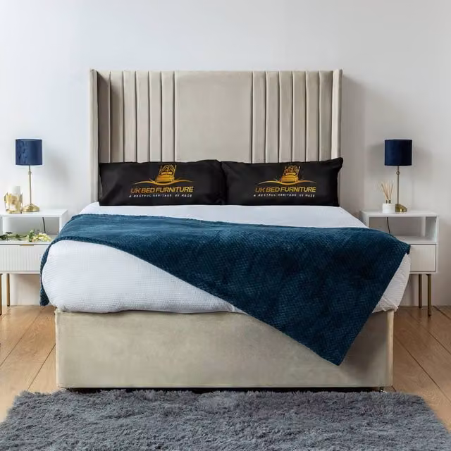 UK Bed Furniture Skyline Wingback Divan Bed Base with 54 Inch Headboard in Cream Fabric, Super King, W/D/H: 200 x 165 x 137.16 cm