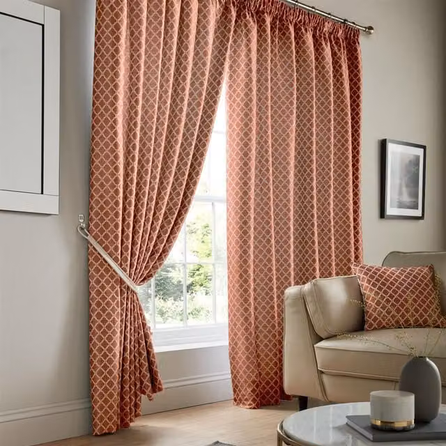 Luxury Living Modern Geometric Two-Tone Jacquard Pencil Pleat Taped Curtains in Terracotta, Width: 168 cm, Drop: 229 cm