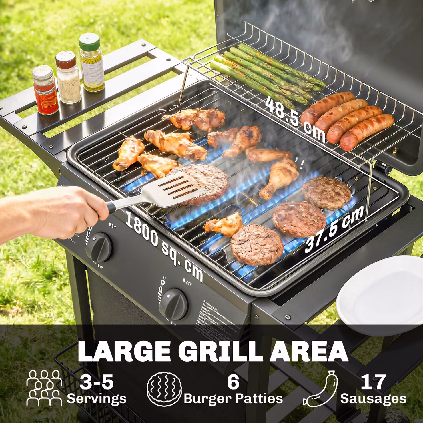 Outsunny 2 Burner Gas Barbecue Grill with Side Tables, Warming Rack, Thermometer and Wheels, Black – 4