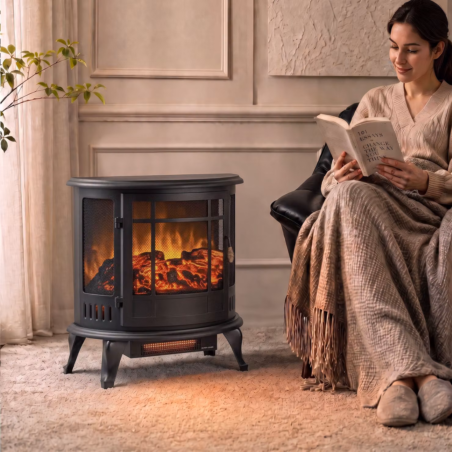HOMCOM 2000W Electric Fireplace Stove with Realistic LED Flame in Black Metal – 2