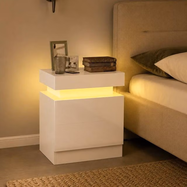 STILVORA Modern White Glossy Bedside Table Set with Integrated LED Lighting and 2 Drawers